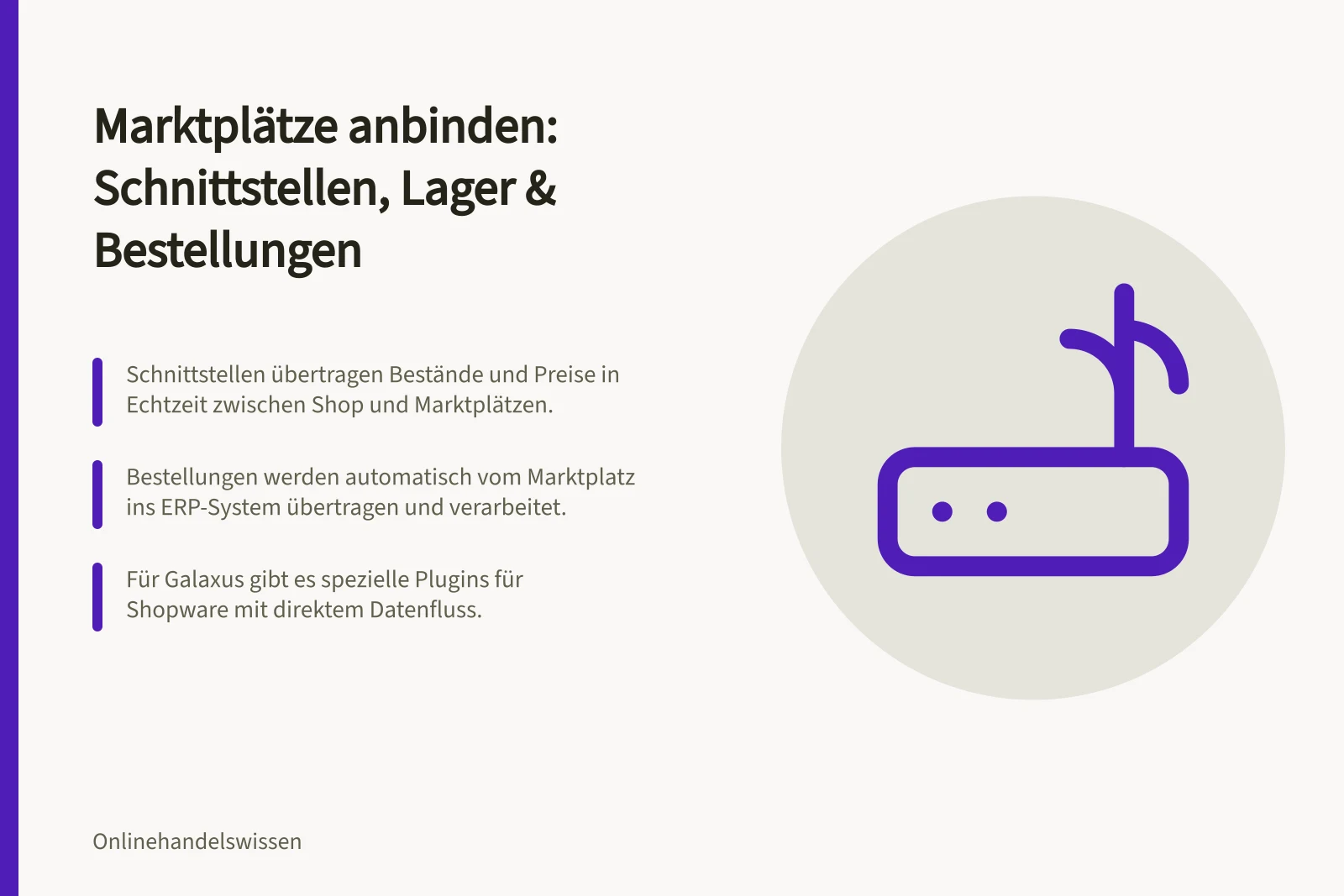 Marktplätze anbinden: Schnittstellen, Lager & Bestellungen: Schnittstellen übertragen Bestände und Preise in Echtzeit zwischen Shop und Marktplätzen.; Bestellungen werden automatisch vom Marktplatz ins ERP-System übertragen und verarbeitet.; Für Galaxus gibt es spezielle Plugins für Shopware mit direktem Datenfluss.
