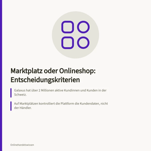 Marktplatz oder Onlineshop: Entscheidungskriterien: Galaxus hat über 2 Millionen aktive Kundinnen und Kunden in der Schweiz.; Auf Marktplätzen kontrolliert die Plattform die Kundendaten, nicht der Händler.; Ein eigener Shop ermöglicht volle Kontrolle über Marke, Preis und Kundenerlebnis. Marktplatz oder eigener Onlineshop: Kriterien für Reichweite, Kontrolle und Kundendaten