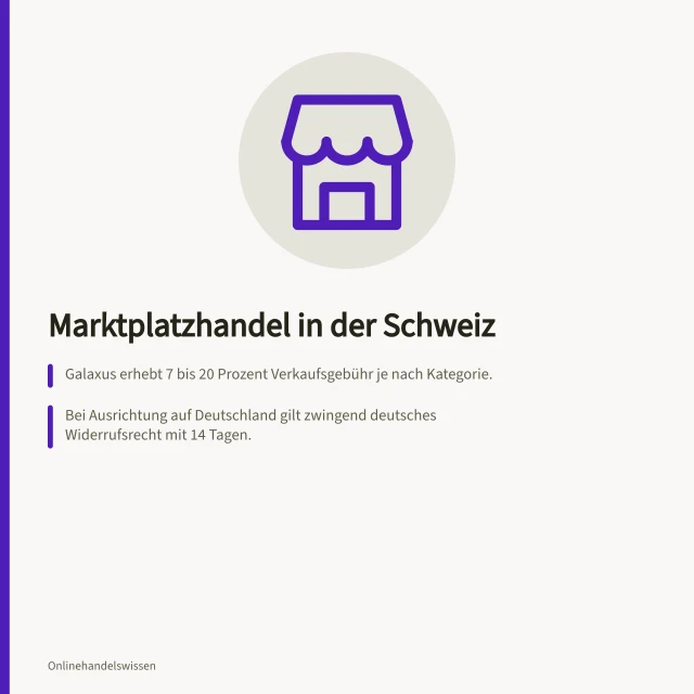Marktplatzhandel in der Schweiz: Galaxus erhebt 7 bis 20 Prozent Verkaufsgebühr je nach Kategorie.; Bei Ausrichtung auf Deutschland gilt zwingend deutsches Widerrufsrecht mit 14 Tagen.; Ausländische Händler müssen bei CHF 100'000 Jahresumsatz MWST in der Schweiz registrieren. Marktplatzhandel in der Schweiz: Modelle, Verträge und Pflichten