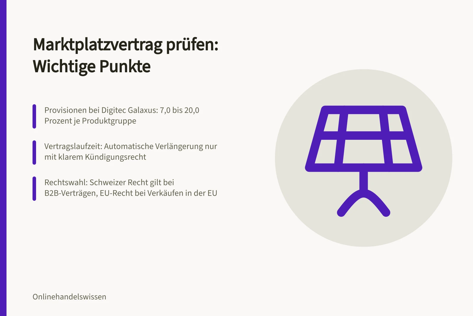 Marktplatzvertrag prüfen: Wichtige Punkte: Provisionen bei Digitec Galaxus: 7,0 bis 20,0 Prozent je Produktgruppe; Vertragslaufzeit: Automatische Verlängerung nur mit klarem Kündigungsrecht; Rechtswahl: Schweizer Recht gilt bei B2B-Verträgen, EU-Recht bei Verkäufen in der EU