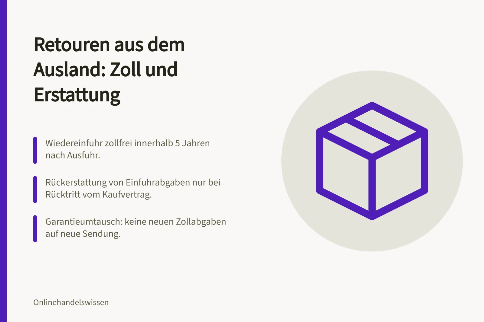 Retouren aus dem Ausland: Zoll und Erstattung: Wiedereinfuhr zollfrei innerhalb 5 Jahren nach Ausfuhr.; Rückerstattung von Einfuhrabgaben nur bei Rücktritt vom Kaufvertrag.; Garantieumtausch: keine neuen Zollabgaben auf neue Sendung.