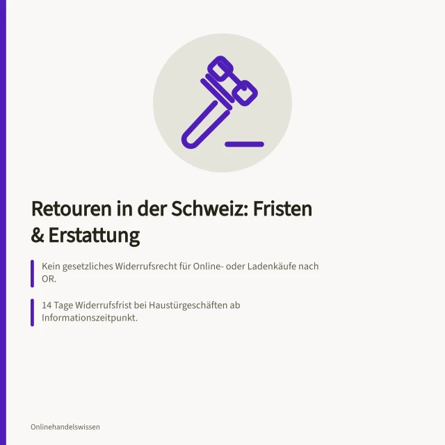Retouren in der Schweiz: Fristen & Erstattung: Kein gesetzliches Widerrufsrecht für Online- oder Ladenkäufe nach OR.; 14 Tage Widerrufsfrist bei Haustürgeschäften ab Informationszeitpunkt.; Rückgabe von Lebensmitteln mit Qualitätsmangel durch Migros und Coop möglich. Retouren steuern: Fristen, Erstattung, Wiedereinlagerung
