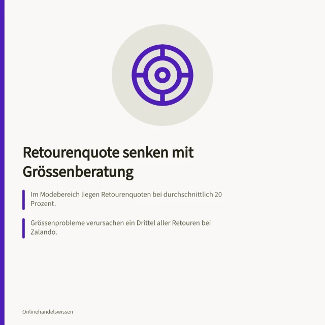 Retourenquote senken mit Grössenberatung: Im Modebereich liegen Retourenquoten bei durchschnittlich 20 Prozent.; Grössenprobleme verursachen ein Drittel aller Retouren bei Zalando.; Datenbasierte Grössenempfehlungen senken Retouren um bis zu 10 Prozent. Retourenquote senken: Ursachen analysieren und Grössenberatung verbessern