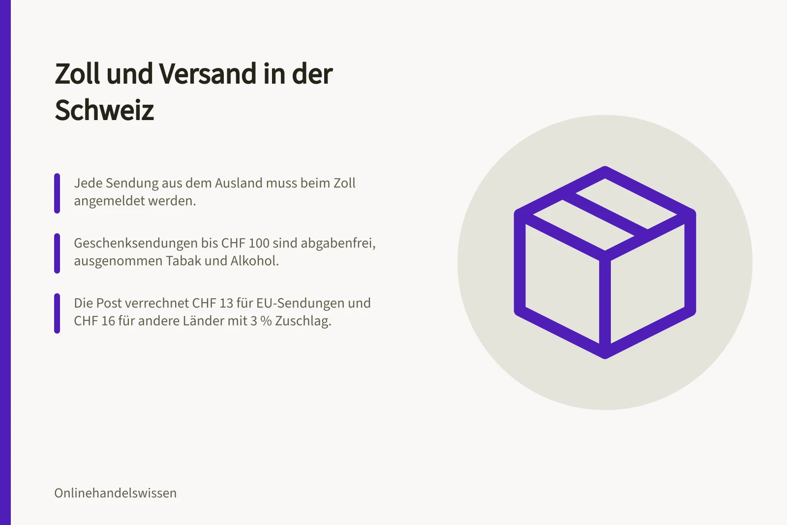 Zoll und Versand in der Schweiz: Jede Sendung aus dem Ausland muss beim Zoll angemeldet werden.; Geschenksendungen bis CHF 100 sind abgabenfrei, ausgenommen Tabak und Alkohol.; Die Post verrechnet CHF 13 für EU-Sendungen und CHF 16 für andere Länder mit 3 % Zuschlag.