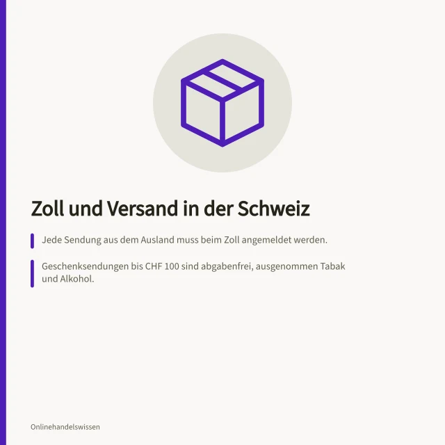 Zoll und Versand in der Schweiz: Jede Sendung aus dem Ausland muss beim Zoll angemeldet werden.; Geschenksendungen bis CHF 100 sind abgabenfrei, ausgenommen Tabak und Alkohol.; Die Post verrechnet CHF 13 für EU-Sendungen und CHF 16 für andere Länder mit 3 % Zuschlag. Zoll und Versand abwickeln: Pflichten, Abläufe und Versandarten