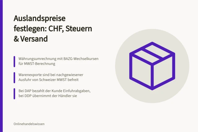Auslandspreise festlegen: CHF, Steuern & Versand: Währungsumrechnung mit BAZG-Wechselkursen für MWST-Berechnung; Warenexporte sind bei nachgewiesener Ausfuhr von Schweizer MWST befreit; Bei DAP bezahlt der Kunde Einfuhrabgaben, bei DDP übernimmt der Händler sie. Fixer les prix à l’étranger : devise, taxes et frais de port