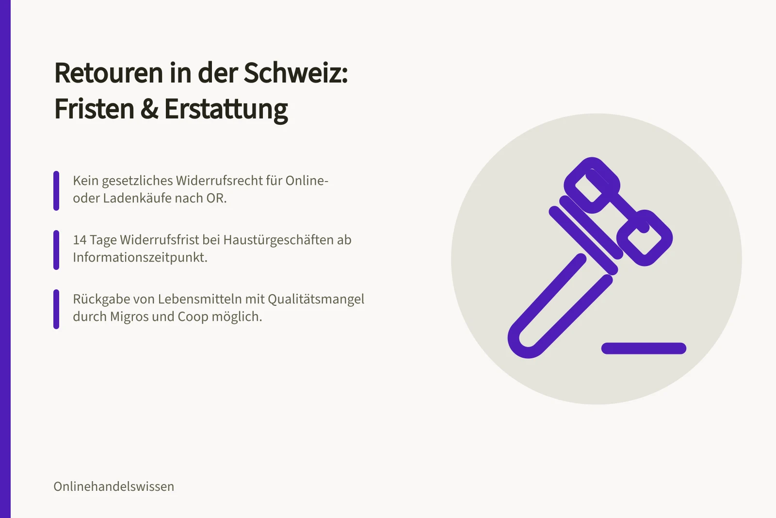 Retouren in der Schweiz: Fristen & Erstattung: Kein gesetzliches Widerrufsrecht für Online- oder Ladenkäufe nach OR.; 14 Tage Widerrufsfrist bei Haustürgeschäften ab Informationszeitpunkt.; Rückgabe von Lebensmitteln mit Qualitätsmangel durch Migros und Coop möglich.