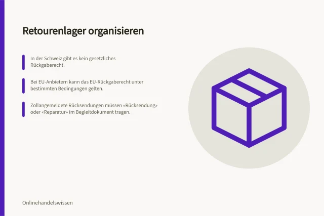 Retourenlager organisieren: In der Schweiz gibt es kein gesetzliches Rückgaberecht.; Bei EU-Anbietern kann das EU-Rückgaberecht unter bestimmten Bedingungen gelten.; Zollangemeldete Rücksendungen müssen «Rücksendung» oder «Reparatur» im Begleitdokument tragen. Organizzare il magazzino dei resi: controllo, svalutazione e reimmissione